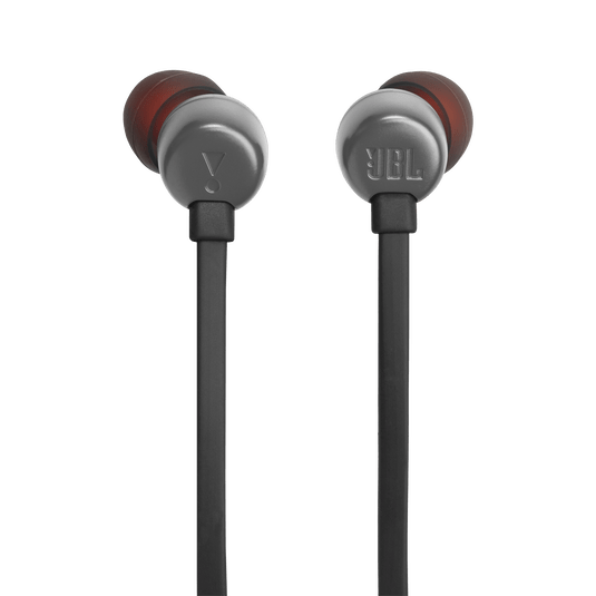 JBL Tune 310C Kenya front-facing view of both earbuds showing grey metallic housings and red silicone ear tips