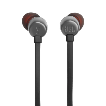 JBL Tune 310C Kenya front-facing view of both earbuds showing grey metallic housings and red silicone ear tips