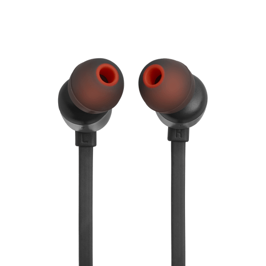 JBL Tune 310C Kenya close-up of both earbuds from above showing black housing and red silicone ear tips