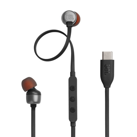 JBL Tune 310C Kenya black in-ear earphones with USB-C connector and 3-button inline remote on white background