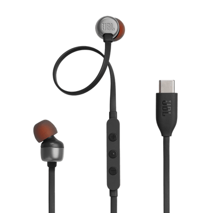 JBL Tune 310C Kenya black in-ear earphones with USB-C connector and 3-button inline remote on white background