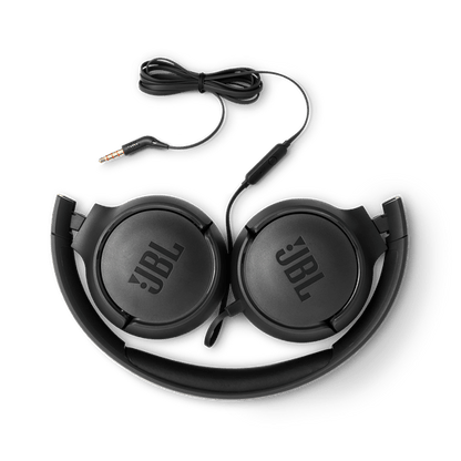 JBL Tune 500 Kenya folded flat overhead view with 3.5mm jack and inline mic cable visible