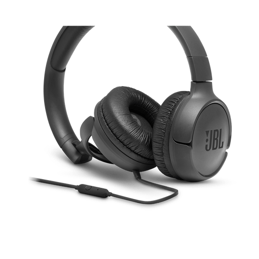 JBL Tune 500 Kenya close-up of padded ear cup, foldable hinge, and inline remote with mic on cable