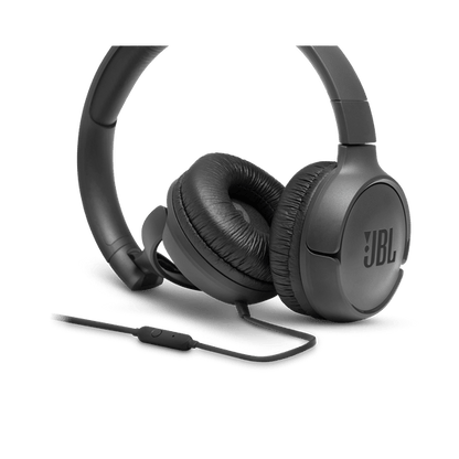 JBL Tune 500 Kenya close-up of padded ear cup, foldable hinge, and inline remote with mic on cable