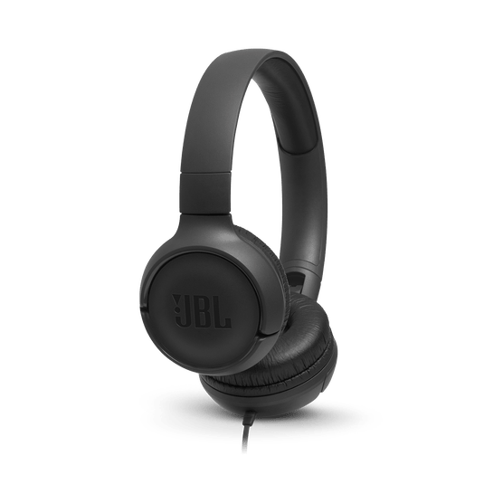 JBL Tune 500 Kenya black wired on-ear headphones, 3/4 angle hero shot showing JBL-branded ear cup and cable