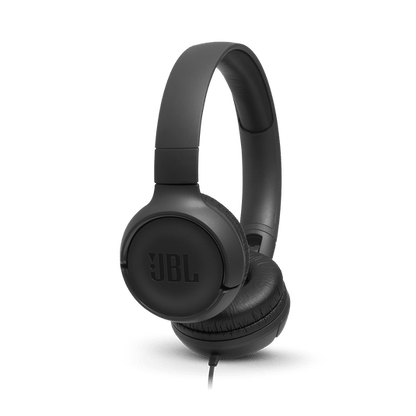 JBL Tune 500 Kenya black wired on-ear headphones, 3/4 angle hero shot showing JBL-branded ear cup and cable