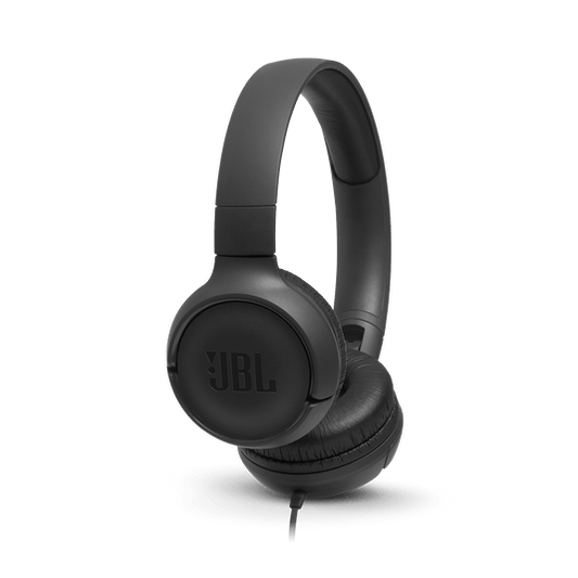 JBL Tune 500 Kenya black wired on-ear headphones, 3/4 angle hero shot showing JBL-branded ear cup and cable