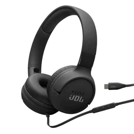 JBL Tune 520C Kenya black on-ear headphones 3/4 front view with USB-C cable and inline remote visible