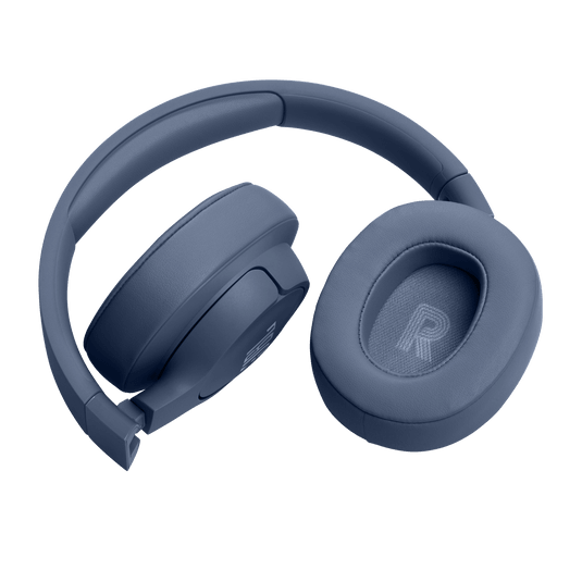 JBL Tune 720BT Kenya in blue, overhead angle highlighting padded oval earcup cushion and slim headband arc