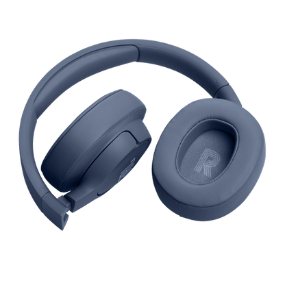 JBL Tune 720BT Kenya in blue, overhead angle highlighting padded oval earcup cushion and slim headband arc