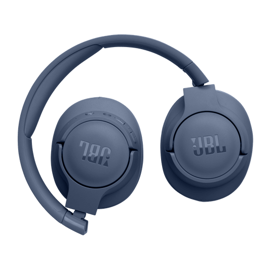 JBL Tune 720BT Kenya in blue folded flat, top-down angle showing both earcup backs with embossed JBL logos