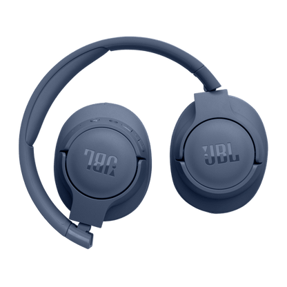 JBL Tune 720BT Kenya in blue folded flat, top-down angle showing both earcup backs with embossed JBL logos