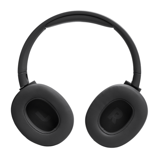JBL Tune 720BT Kenya in black, front view showing large oval earcup cushions and slim headband from below