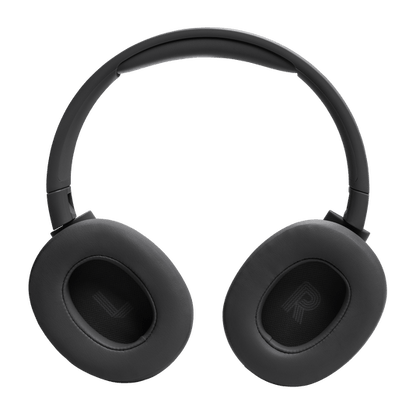 JBL Tune 720BT Kenya in black, front view showing large oval earcup cushions and slim headband from below