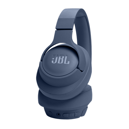 JBL Tune 720BT Kenya in blue, three-quarter angle showing right earcup with inline control buttons on lower edge