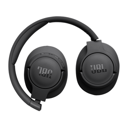JBL Tune 720BT Kenya in black folded flat, both earcups collapsed inward with JBL logo visible on each cup