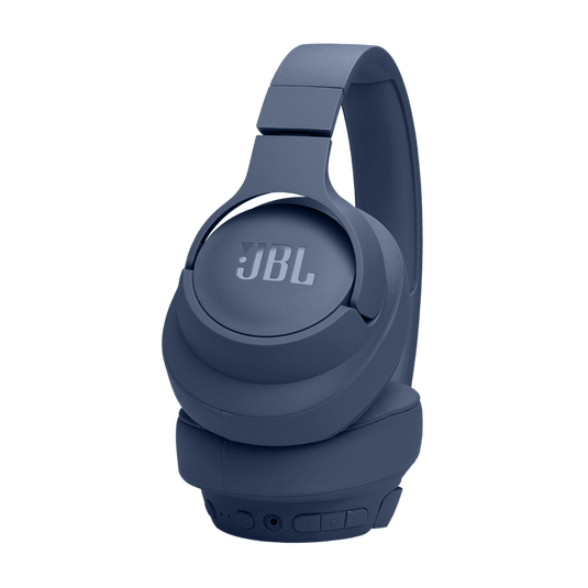 JBL Tune 770NC Kenya blue colorway angled rear view showing control buttons row and USB-C port on bottom ear cup`