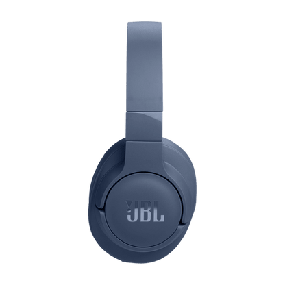 JBL Tune 770NC Kenya blue colorway pure left side view showing flat ear cup profile, JBL logo and slim headband
