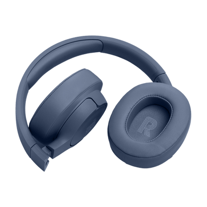 JBL Tune 770NC Kenya blue colorway folded flat showing padded ear cups and "R" label on right cushion interior