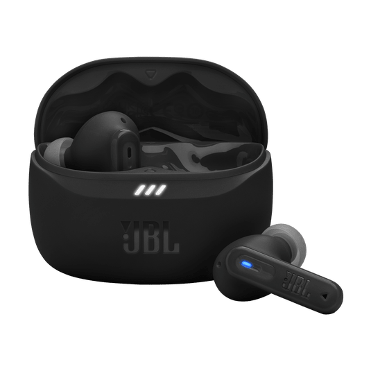 JBL Tune Beam 2 Kenya black earbuds with open charging case and one earbud placed beside it, front angle