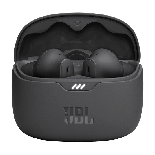 Tune Beam Kenya open charging case front, matte black finish, JBL logo embossed, LED indicator slot visible