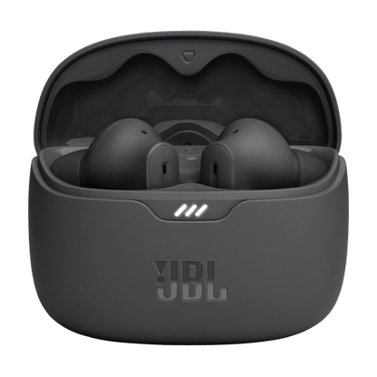 Tune Beam Kenya open charging case front, matte black finish, JBL logo embossed, LED indicator slot visible