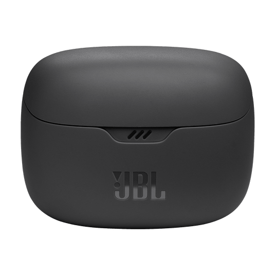 Tune Beam Kenya closed charging case front, matte black finish, JBL logo embossed, LED indicator slot visible