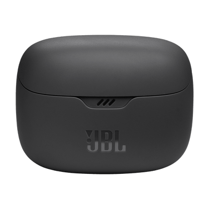 Tune Beam Kenya closed charging case front, matte black finish, JBL logo embossed, LED indicator slot visible