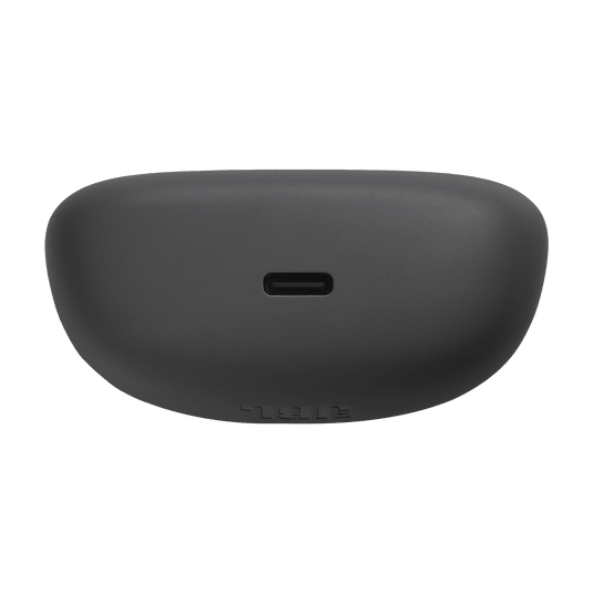 JBL Tune Beam Kenya closed charging case front, matte black finish, JBL logo embossed, LED indicator slot visible