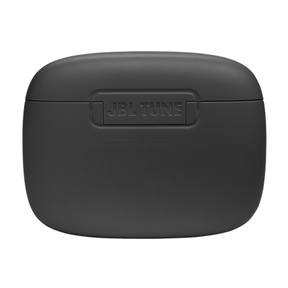 Tune Beam Kenya charging case back view, matte dark grey, JBL TUNE text embossed on lid