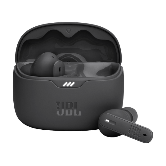 JBL Tune Beam Kenya black earbuds shown with open charging case, one earbud docked and one resting outside