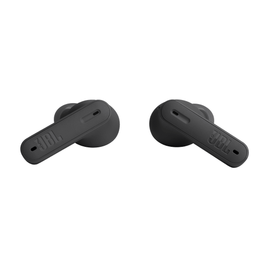 JBL Tune Beam Kenya both earbuds front view, black stem design, no case, showing microphone port on each stem