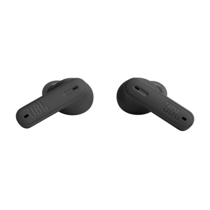 JBL Tune Beam Kenya both earbuds front view, black stem design, no case, showing microphone port on each stem