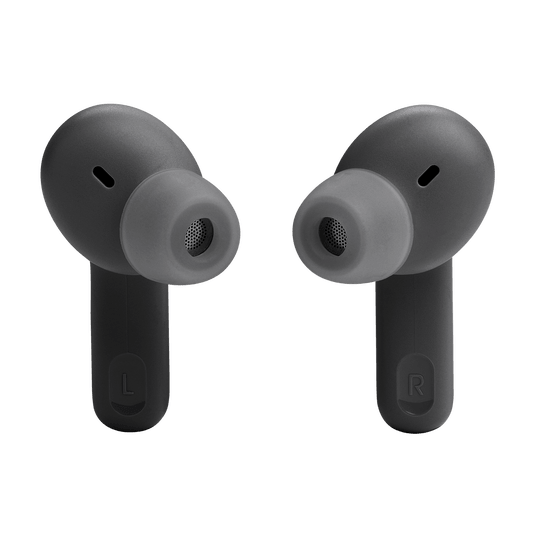 JBL Tune Beam Kenya earbuds front view showing grey silicone ear tips and mesh microphone grille, black stems