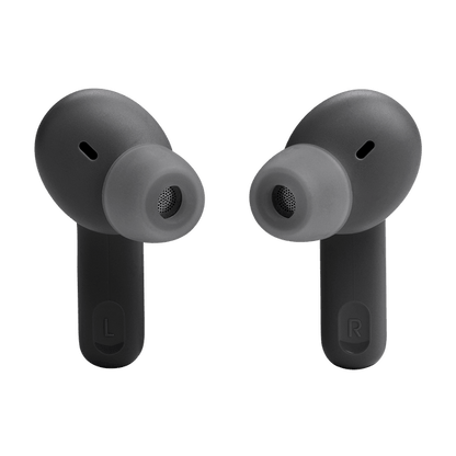 JBL Tune Beam Kenya earbuds front view showing grey silicone ear tips and mesh microphone grille, black stems