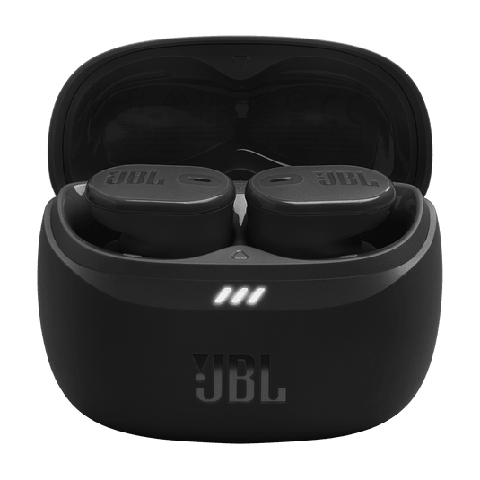 JBL Tune Buds 2 Kenya open charging case with both earbuds seated and LED indicator lit