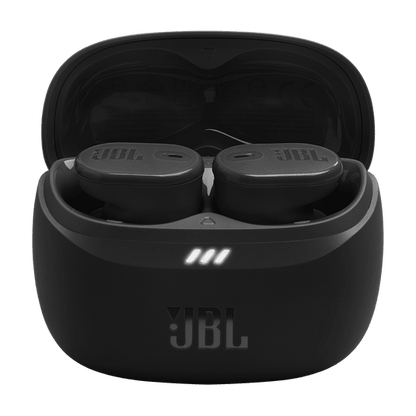 JBL Tune Buds 2 Kenya open charging case with both earbuds seated and LED indicator lit