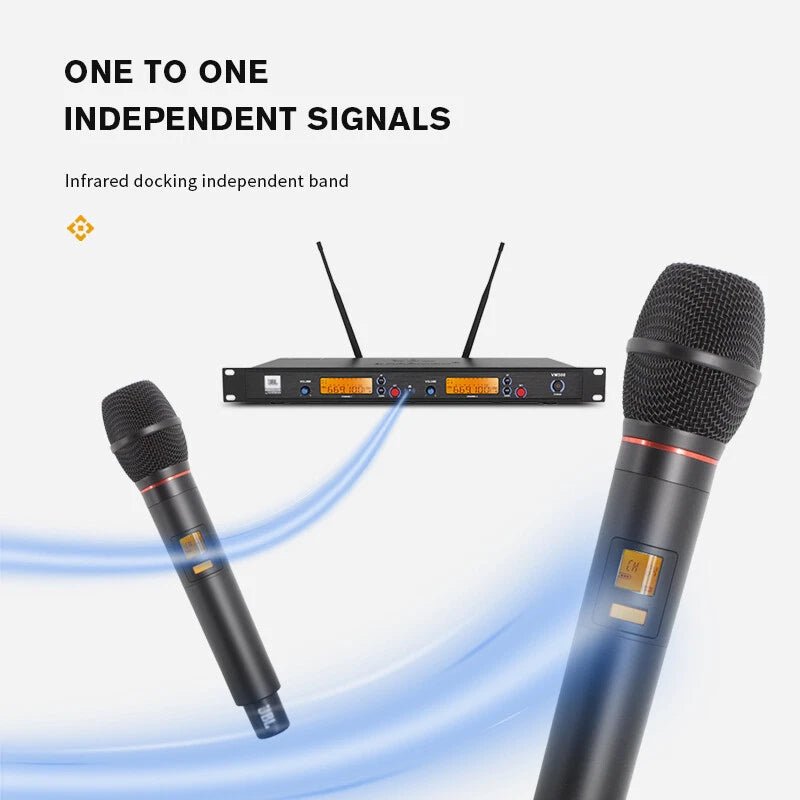 JBL VM500 wireless microphone Kenya — independent signal diagram showing two handhelds linked to LCD receiver