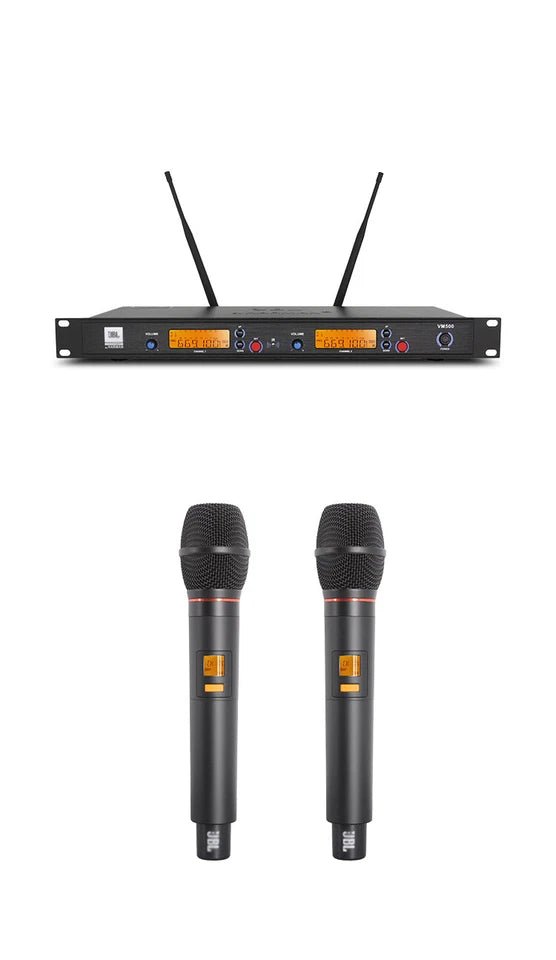 JBL VM500 wireless microphone Kenya — rackmount receiver with dual LCD displays shown above two handheld mics`