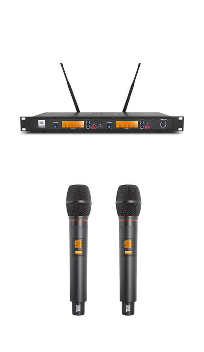 JBL VM500 wireless microphone Kenya — rackmount receiver with dual LCD displays shown above two handheld mics`