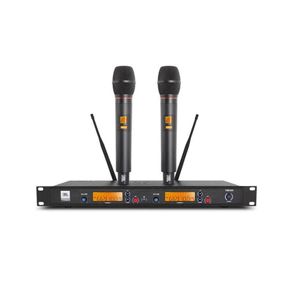 JBL VM500 wireless microphone Kenya — full system view: two handheld mics resting on rackmount LCD receiver`