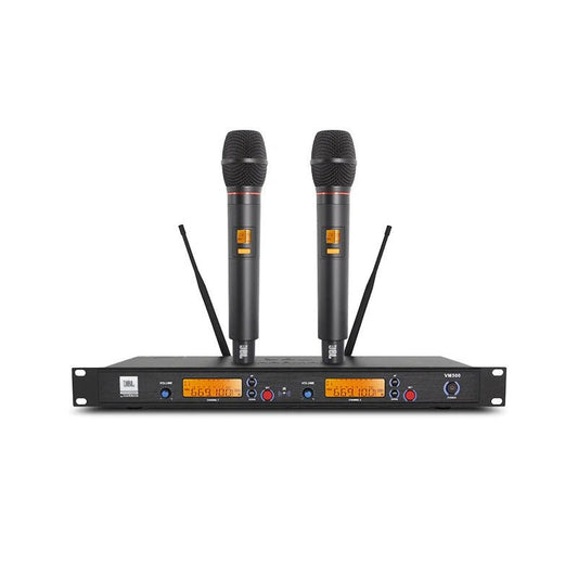 JBL VM500 wireless microphone Kenya — full system view: two handheld mics resting on rackmount LCD receiver`