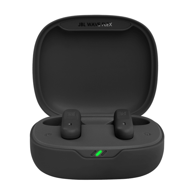 JBL Wave Flex Kenya earbuds resting in open charging case — black colorway, USB-C fast charge