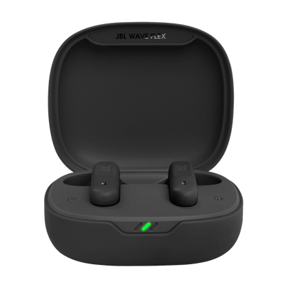 JBL Wave Flex Kenya earbuds resting in open charging case — black colorway, USB-C fast charge