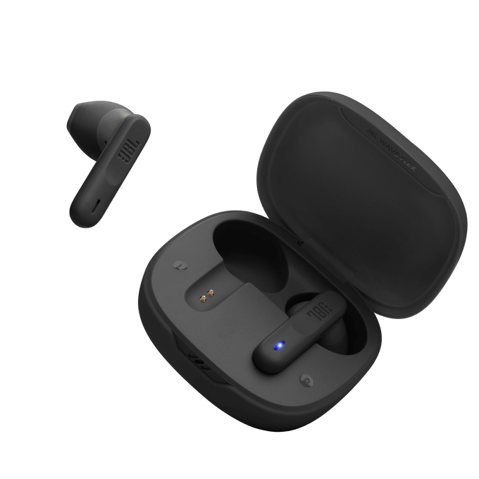 JBL Wave Flex Kenya black true wireless earbuds — side profile view with charging case