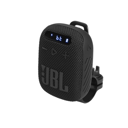 JBL Wind 3 Kenya three-quarter left view with bike mount and LED display showing Bluetooth active