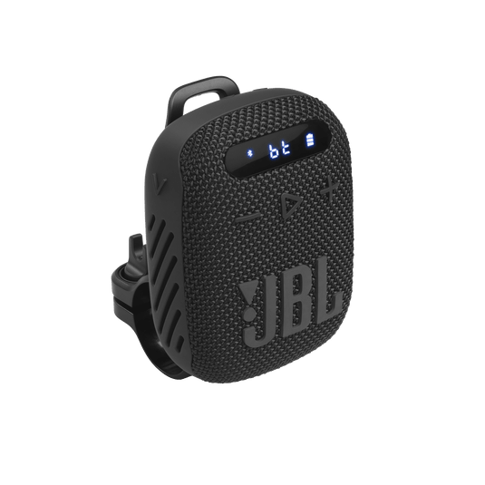 JBL Wind 3 Kenya front three-quarter view with handlebar mount, LED display active, black