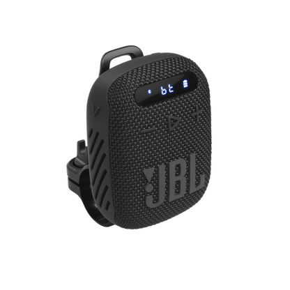 JBL Wind 3 Kenya front three-quarter view with handlebar mount, LED display active, black