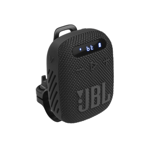 JBL Wind 3 Kenya front three-quarter view with handlebar mount, LED display active, black