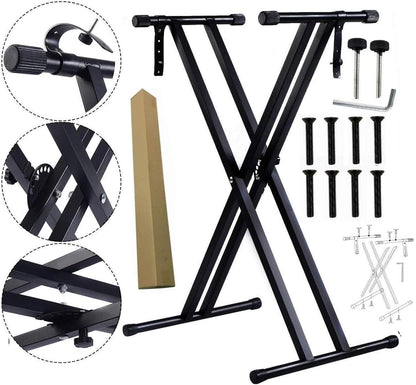 Keyboard stand Kenya kit — assembled stand, hardware callouts: locking knob, brace joint, base feet, bolts, Allen key